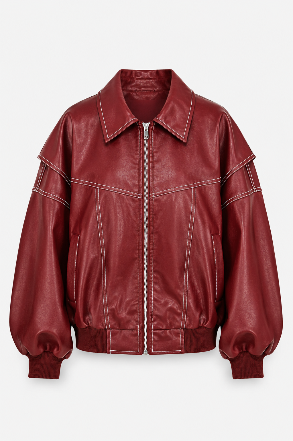 Women's Oversized Faux Leather Bomber Jacket with Contrast Stitching