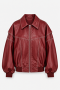 Women's Oversized Faux Leather Bomber Jacket with Contrast Stitching