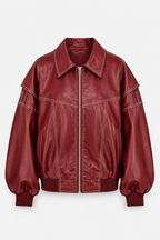 Women's Oversized Faux Leather Bomber Jacket with Contrast Stitching
