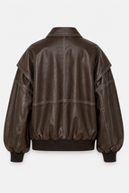 Women's Oversized Faux Leather Bomber Jacket with Contrast Stitching