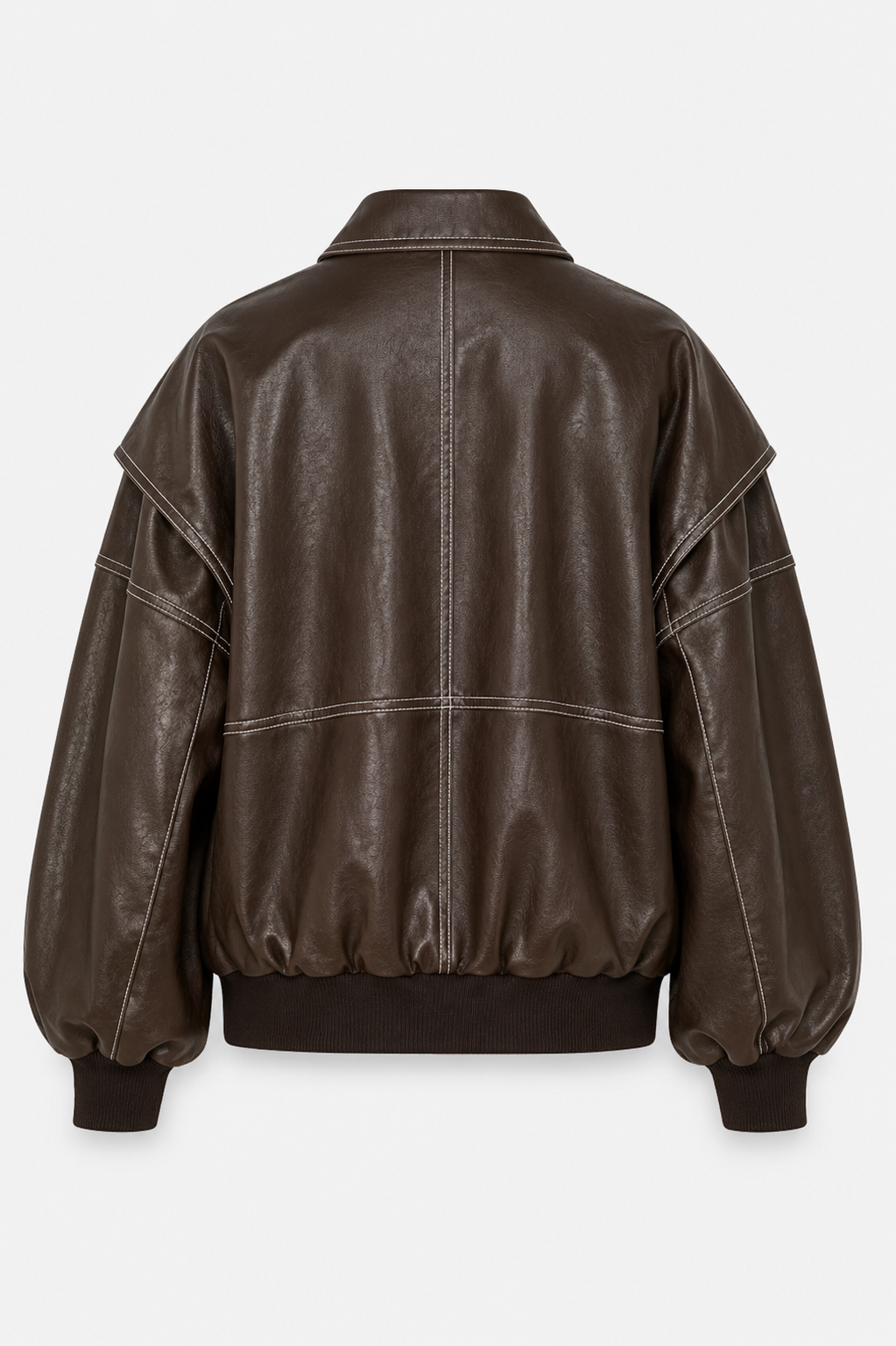 Women's Oversized Faux Leather Bomber Jacket with Contrast Stitching