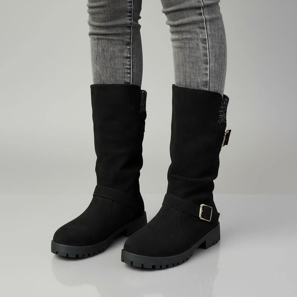 Knit Cuff Ankle Boots with Buckle – Women's Chunky Winter Boots