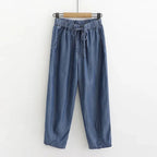Women's High-Waisted Lyocell Denim Trousers – Relaxed Drawstring Loose-Fit Style for Travel Casual Days and Comfortable Everyday Wear