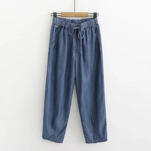 Women's High-Waisted Lyocell Denim Trousers – Relaxed Drawstring Loose-Fit Style for Travel Casual Days and Comfortable Everyday Wear