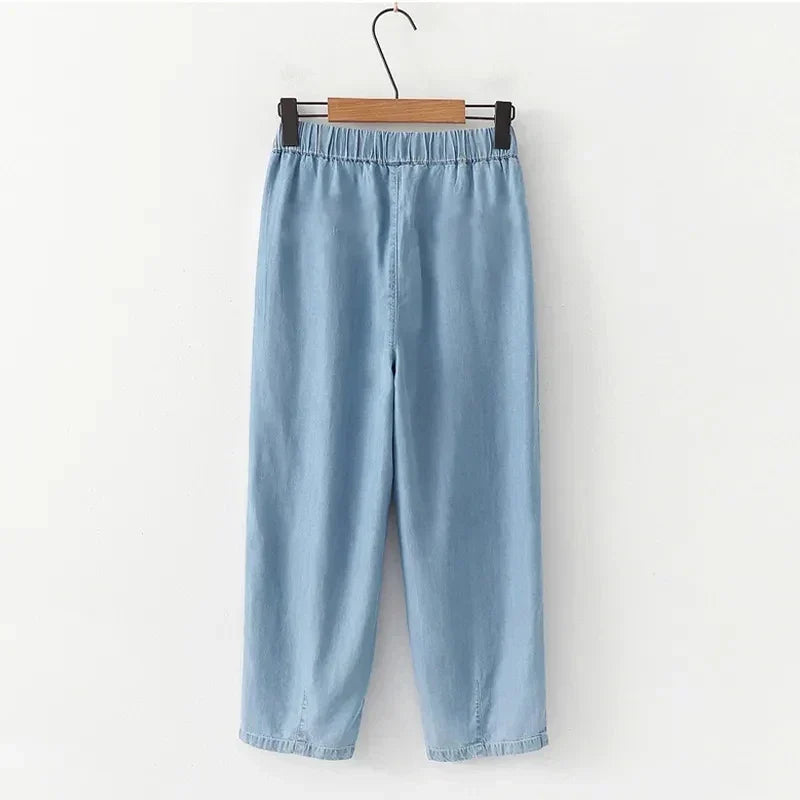 Women's High-Waisted Lyocell Denim Trousers – Relaxed Drawstring Loose-Fit Style for Travel Casual Days and Comfortable Everyday Wear