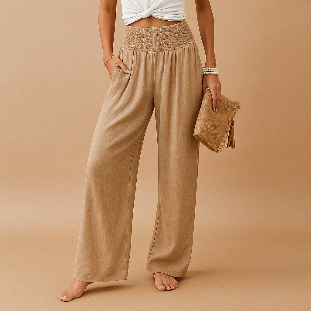 Women's Lightweight High-Waisted Wide-Leg Summer Trousers – Breathable Elastic-Waist Full-Length Style with Pockets for Holidays Travel and Everyday Wear