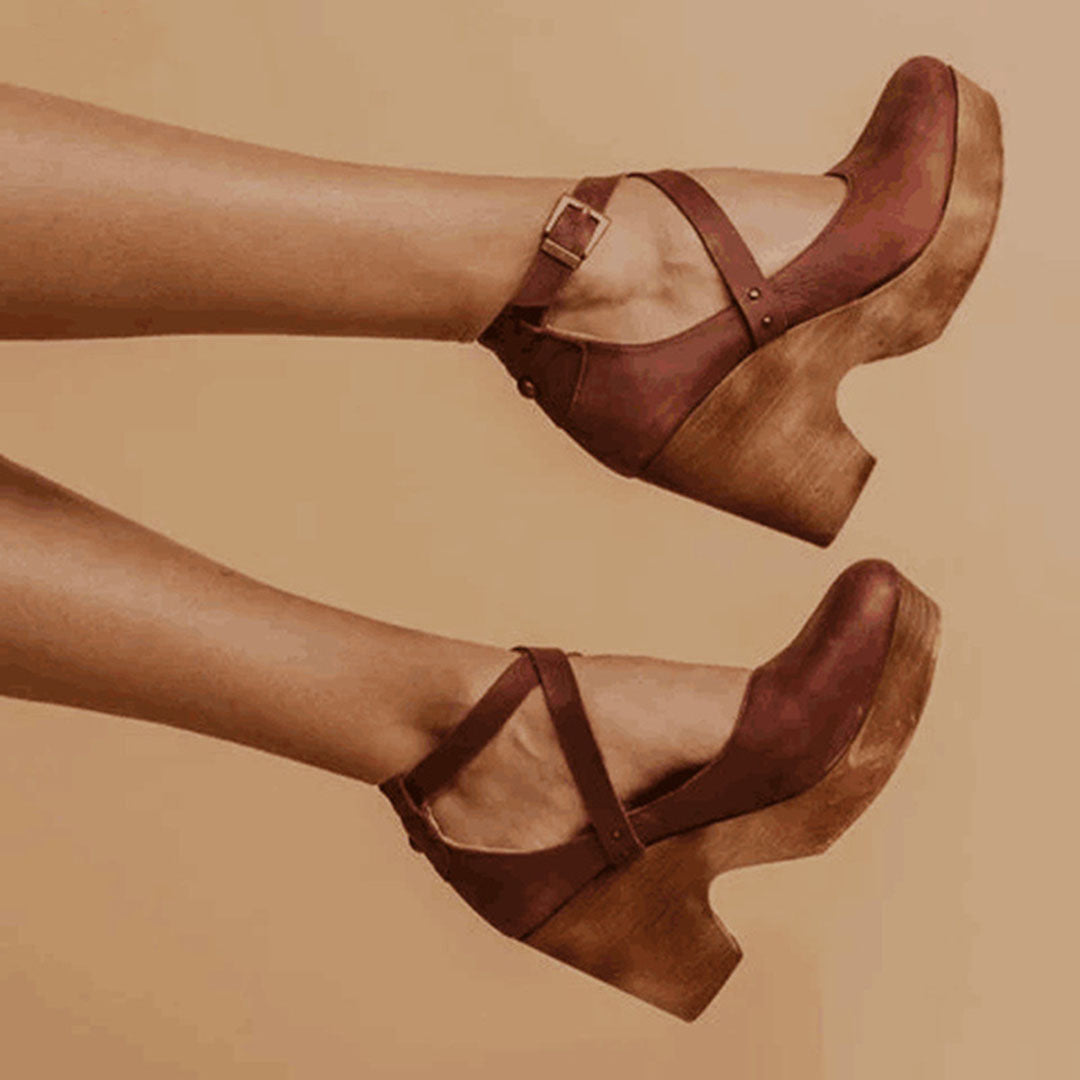 Closed-Toe Wooden Wedge Heels with Ankle Strap