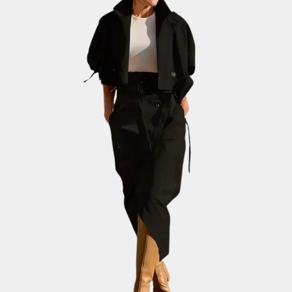 Women's Cropped Double Breasted Trench Jacket and Asymmetric Midi Skirt Set