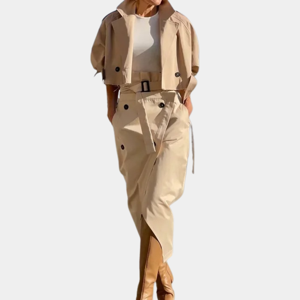 Women's Cropped Double Breasted Trench Jacket and Asymmetric Midi Skirt Set