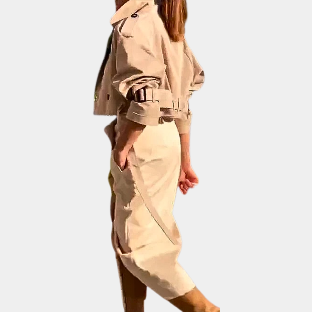 Women's Cropped Double Breasted Trench Jacket and Asymmetric Midi Skirt Set
