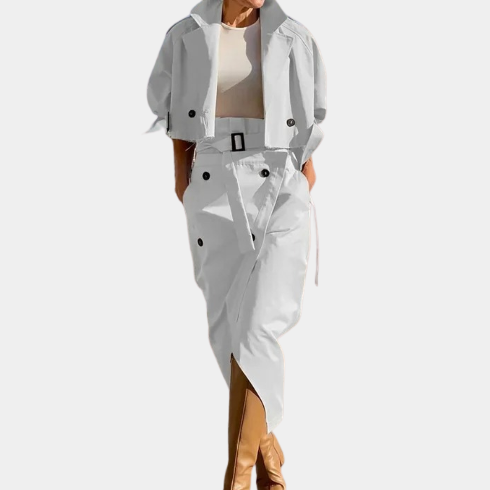 Women's Cropped Double Breasted Trench Jacket and Asymmetric Midi Skirt Set