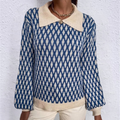 Women's Patterned Knitted Sweater with Contrast Collar and Decorative