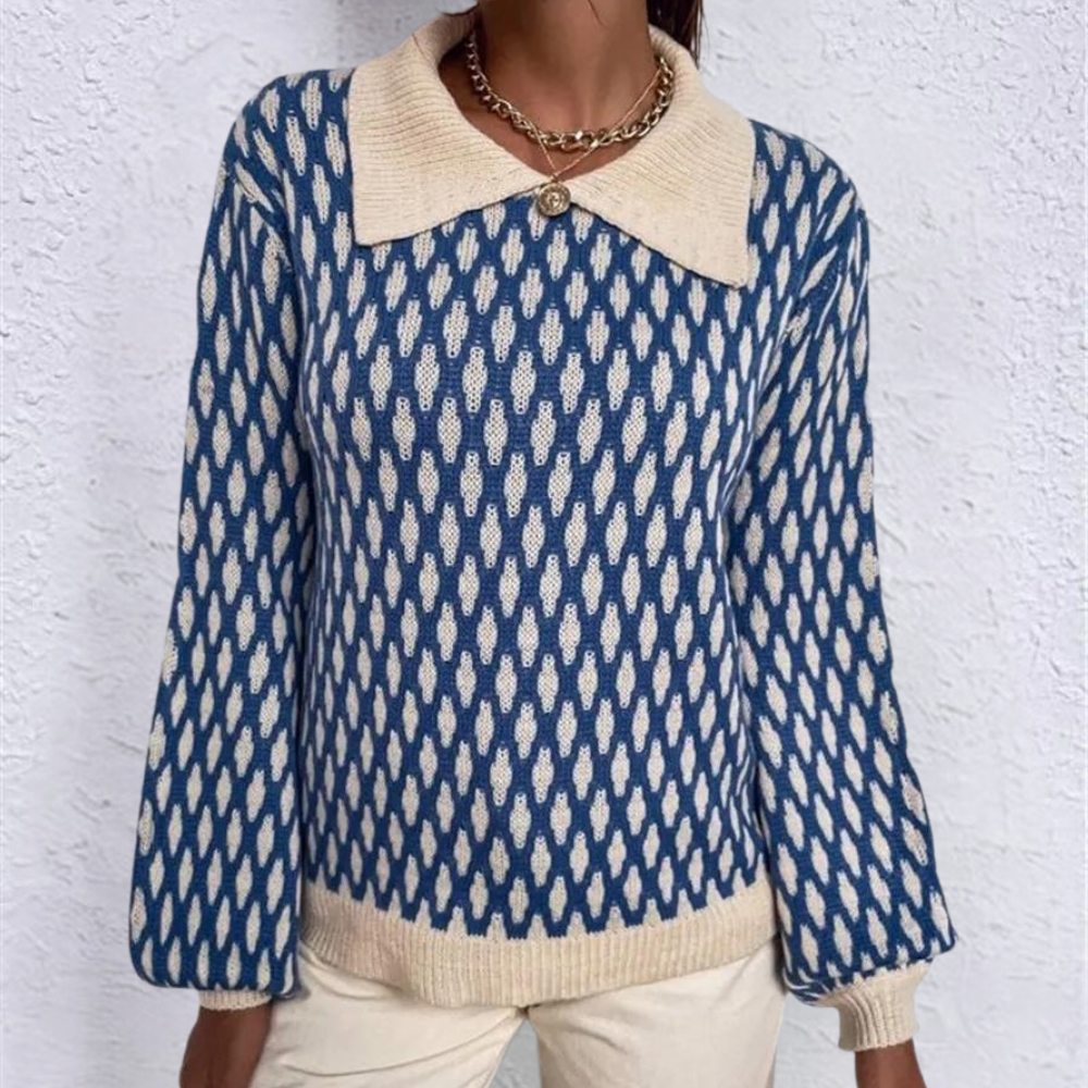 Women's Patterned Knitted Sweater with Contrast Collar and Decorative