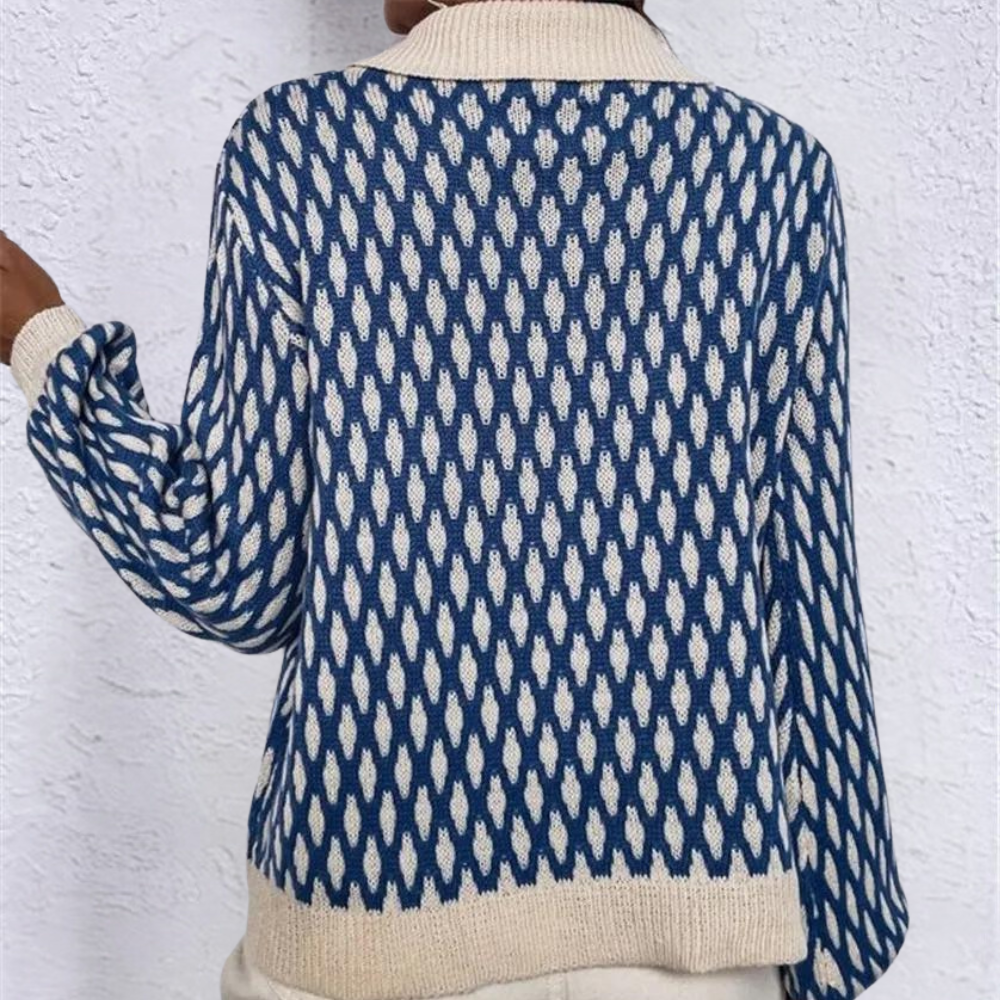 Women's Patterned Knitted Sweater with Contrast Collar and Decorative