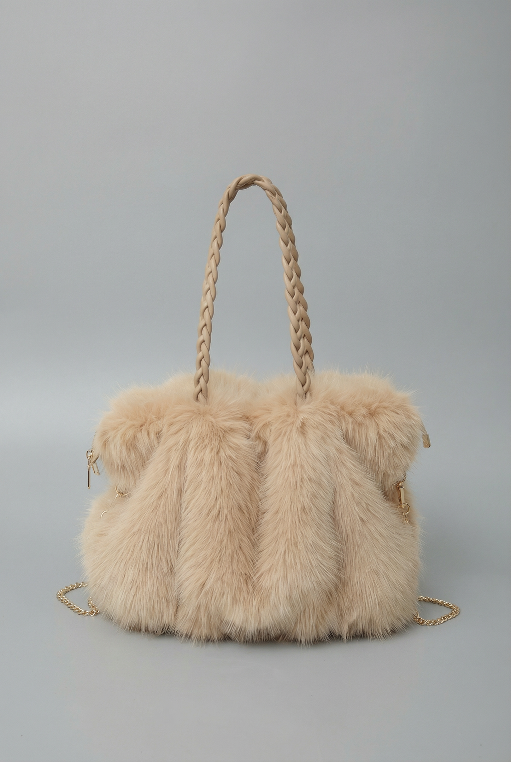 Plush Velvet Faux Fur Shoulder Bag - Braided Handle Handbag | Meave & Ivy