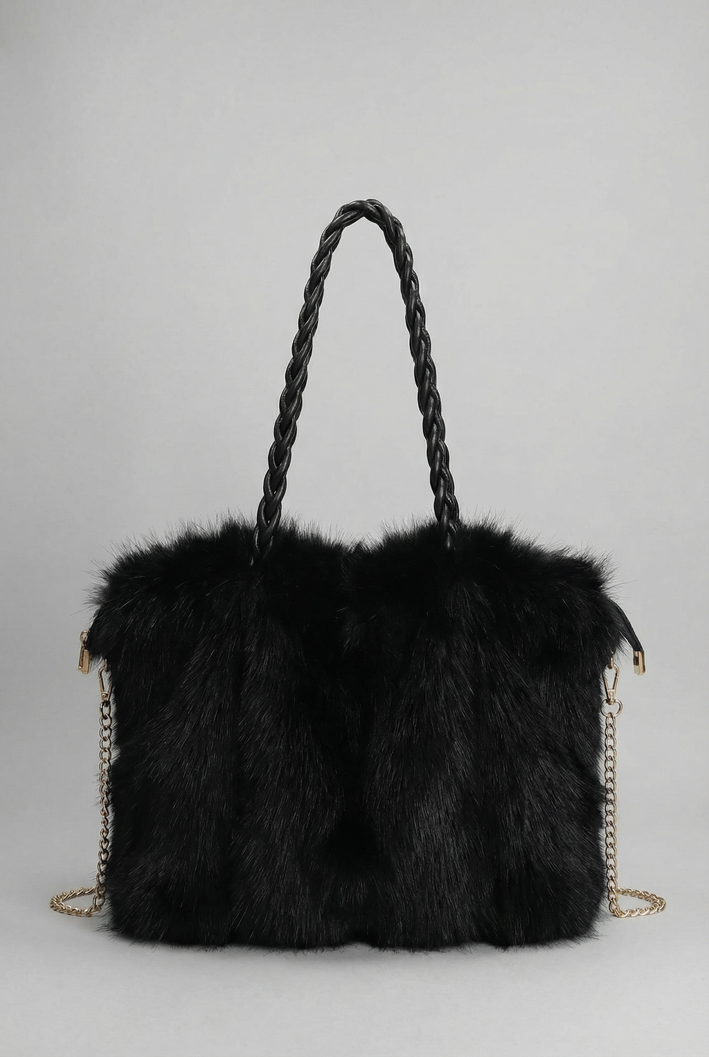 Plush Velvet Faux Fur Shoulder Bag - Braided Handle Handbag | Meave & Ivy
