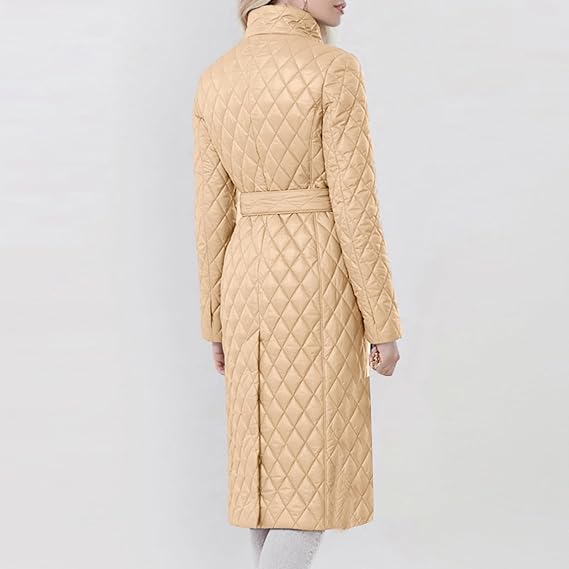 Long Quilted Coat with Waist Belt and High Collar