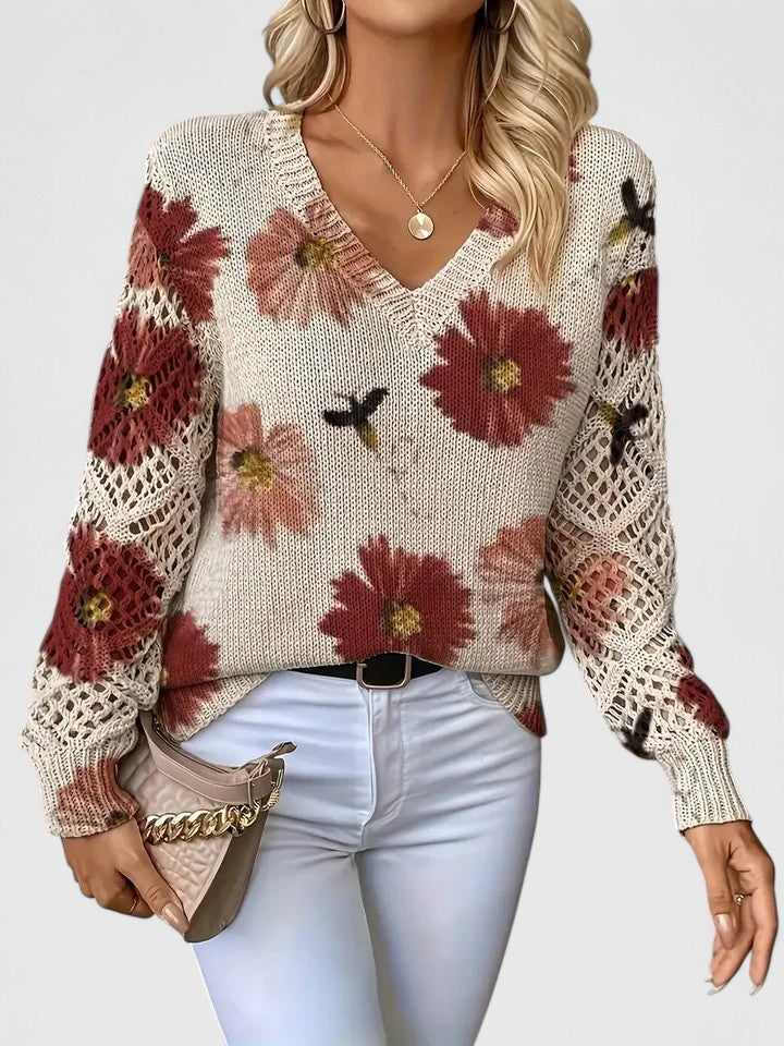 Women's Relaxed Sweater – V-Neck Openwork Sleeve Style