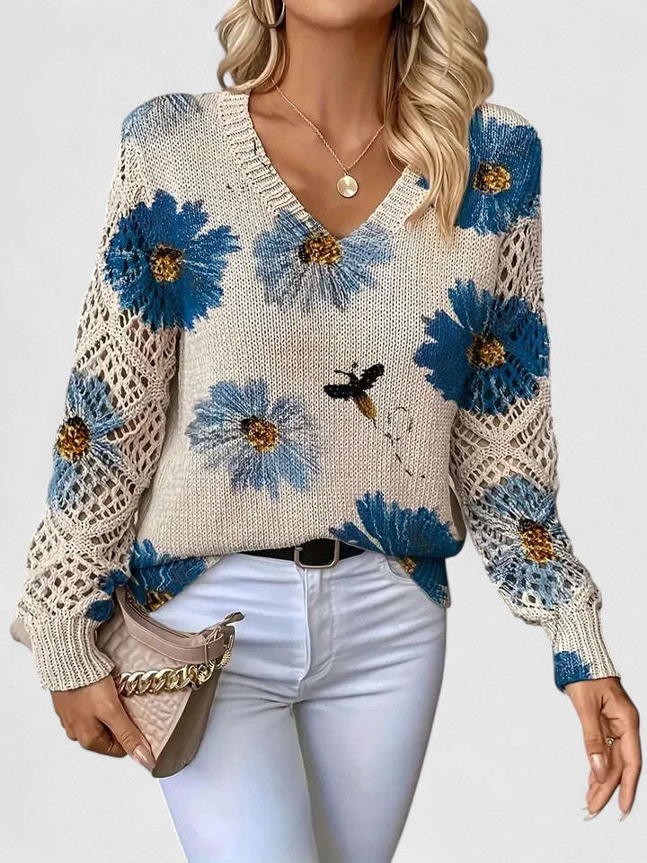 Women's Relaxed Sweater – V-Neck Openwork Sleeve Style