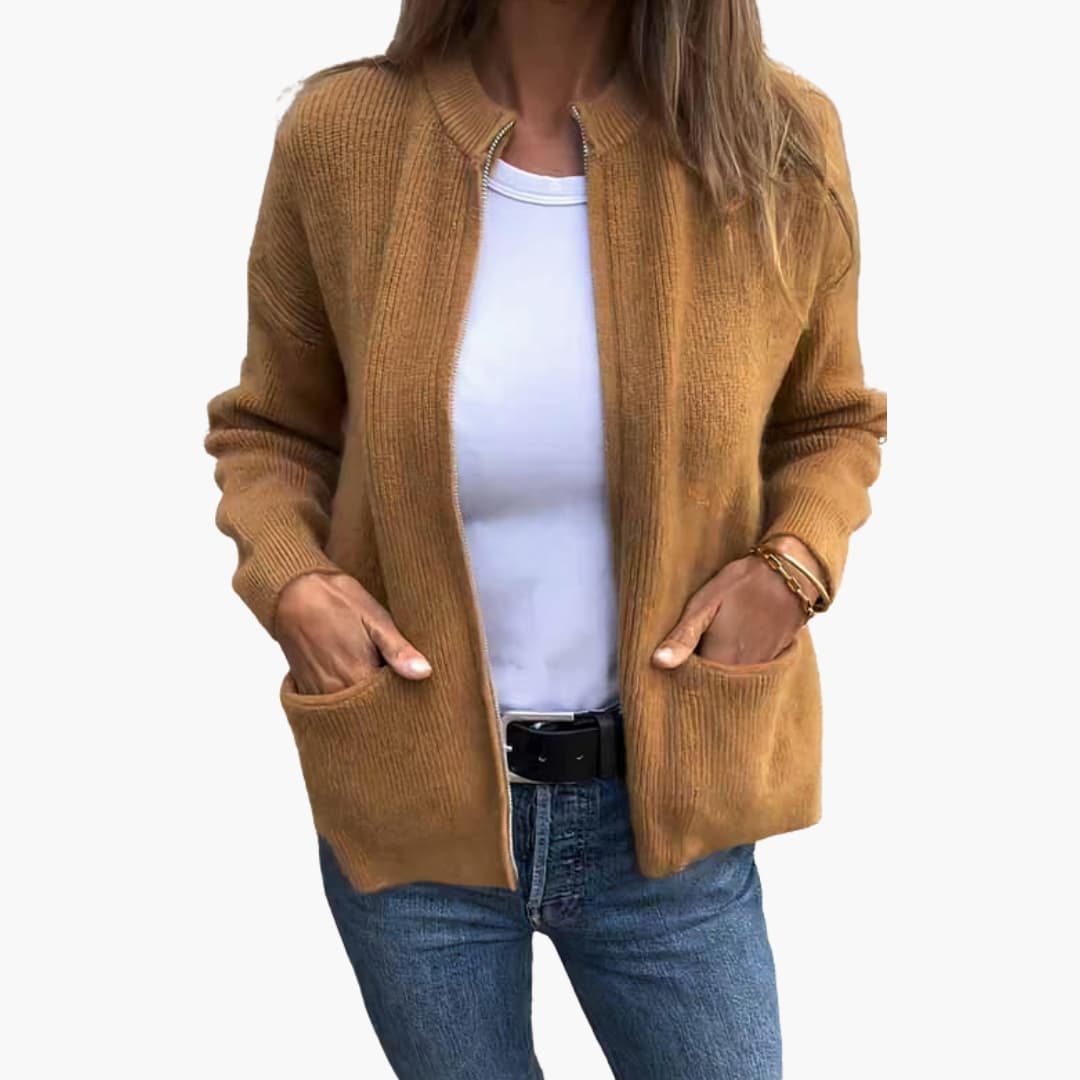 Women's Textured Ribbed Knit Zip-Up Cardigan with Stand Collar and Pockets