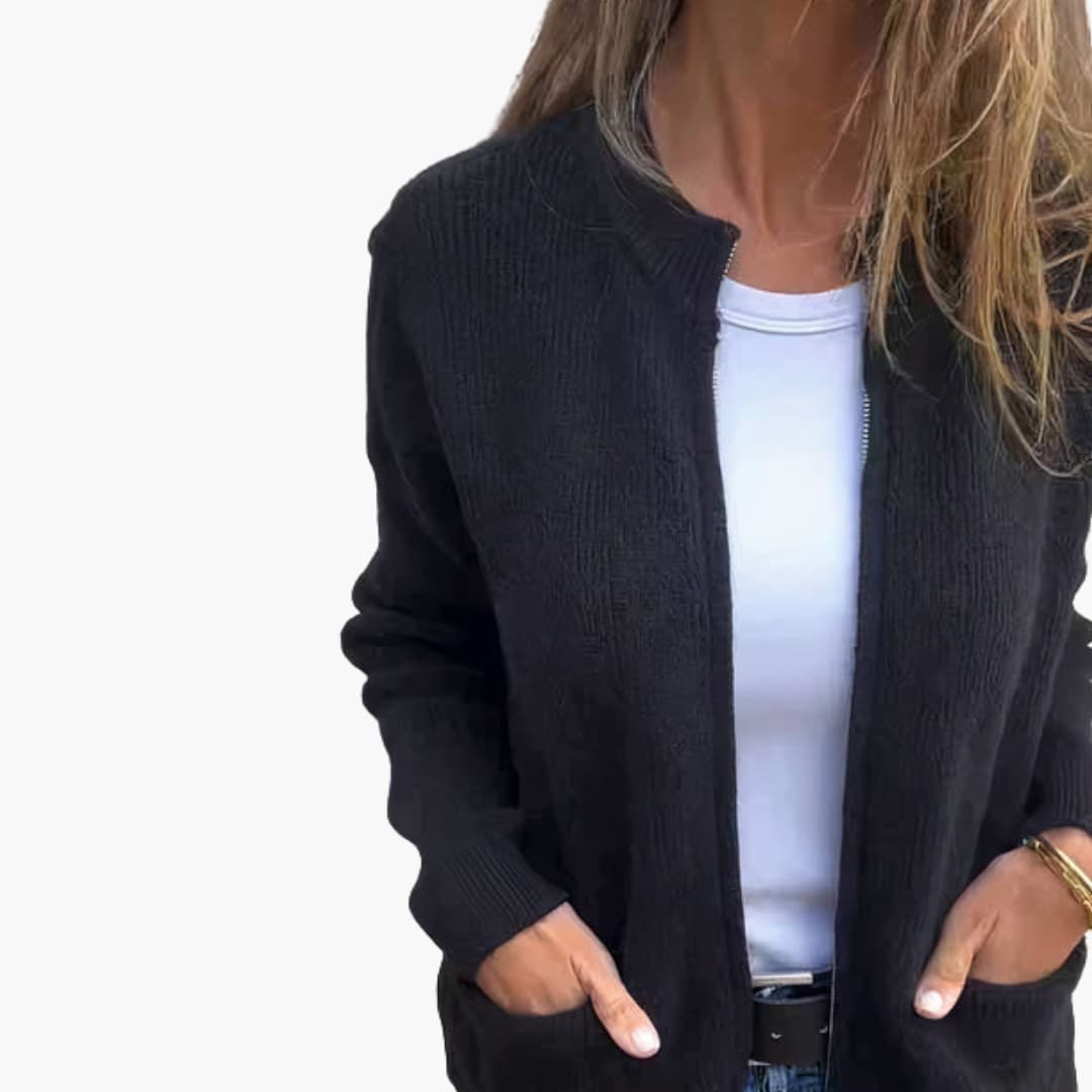 Women's Textured Ribbed Knit Zip-Up Cardigan with Stand Collar and Pockets