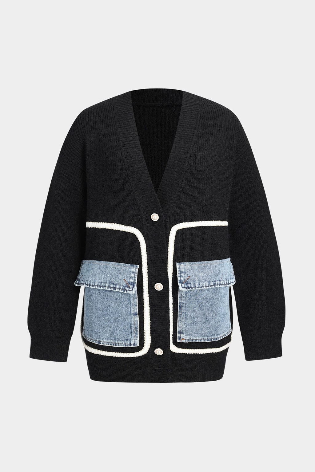 Knitted Cardigan with Denim Patch Pockets – Black