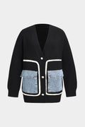 Knitted Cardigan with Denim Patch Pockets – Black
