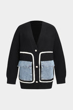 Knitted Cardigan with Denim Patch Pockets – Black