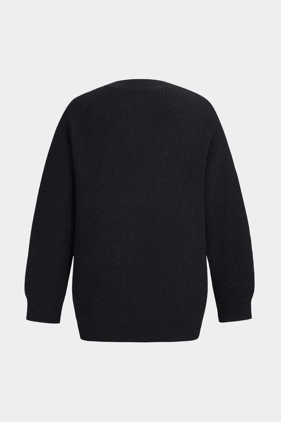Knitted Cardigan with Denim Patch Pockets – Black
