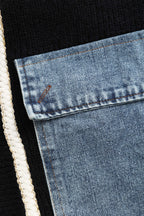Knitted Cardigan with Denim Patch Pockets – Black