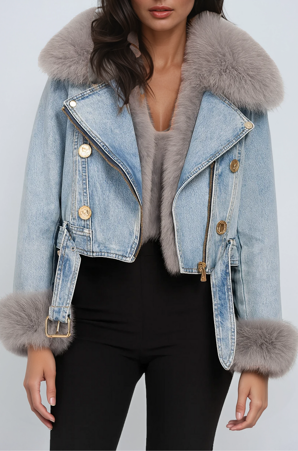 Women's Cropped Denim Jacket with Plush faux fur Collar and Cuffs