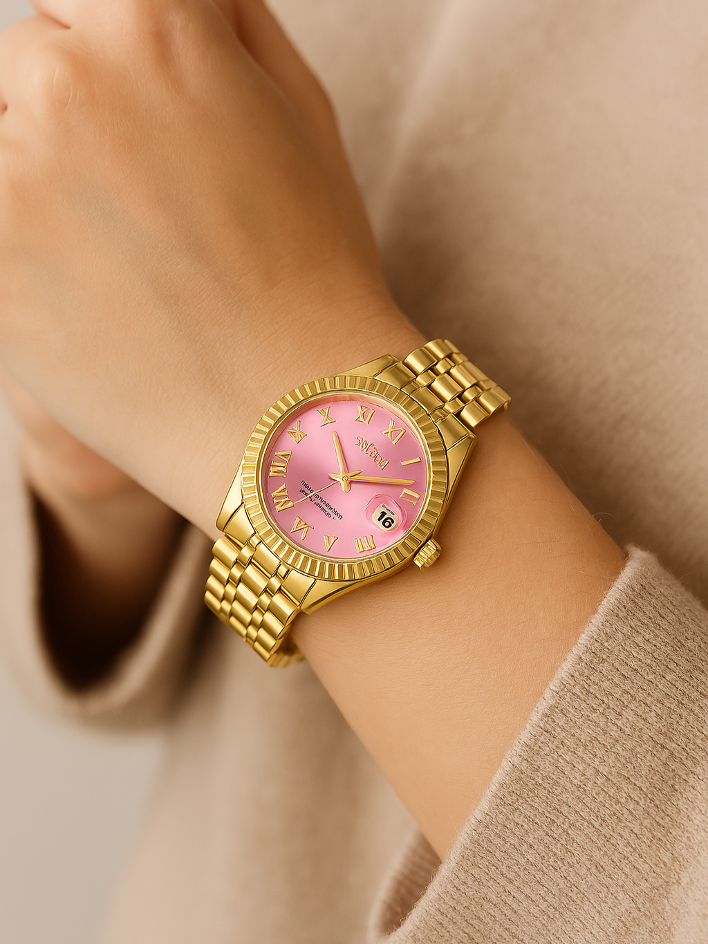 Women's Gold Crystal Watch – Zirconia Quartz Watch in Gold & Pink