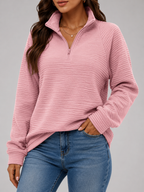 Women's Half-Zip Ribbed Sweater – Relaxed High-Neck Knit Pullover