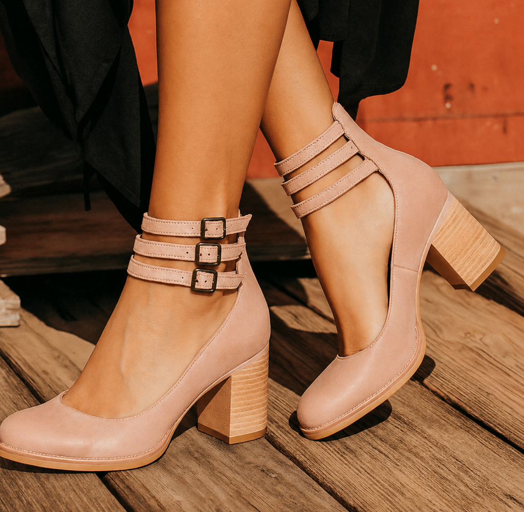 Block-Heel Buckle-Strap Leather Shoes