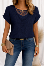 Crochet Lace Trim Waffle-Knit Top