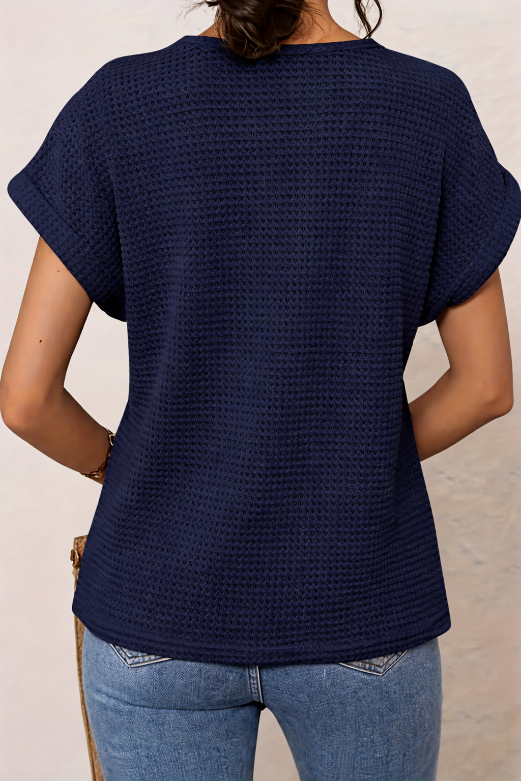 Crochet Lace Trim Waffle-Knit Top