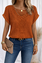 Crochet Lace Trim Waffle-Knit Top