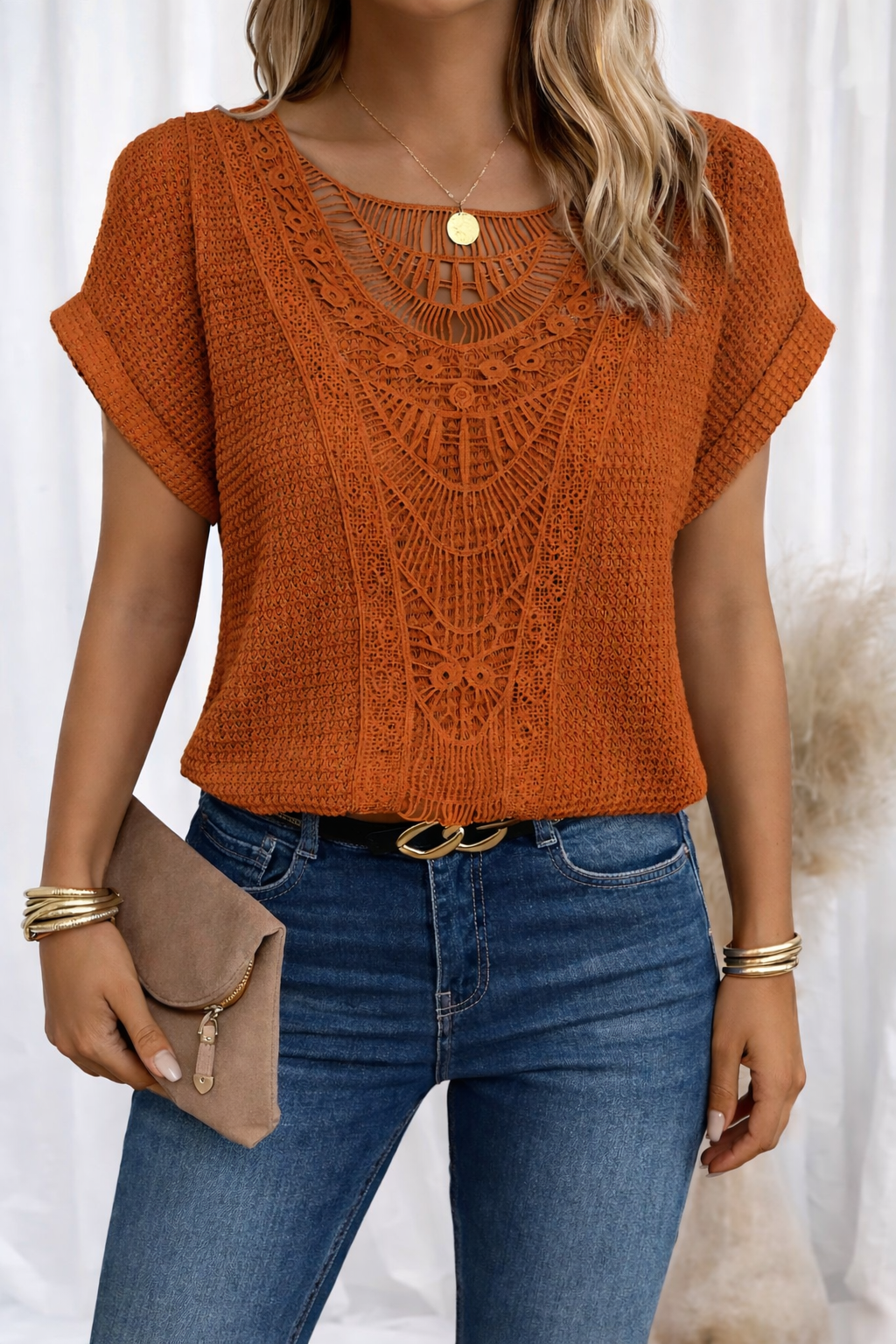 Crochet Lace Trim Waffle-Knit Top