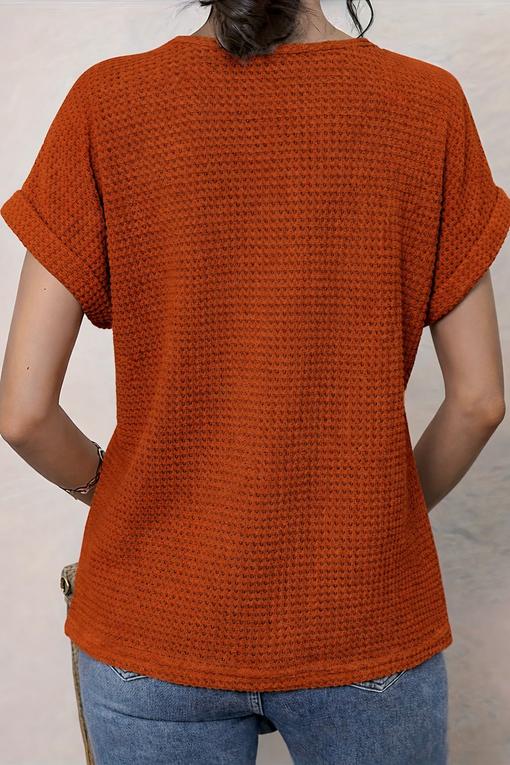 Crochet Lace Trim Waffle-Knit Top