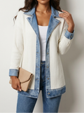 Women's Longline Knit Blazer with Denim-Look Lapels and Metal Buttons
