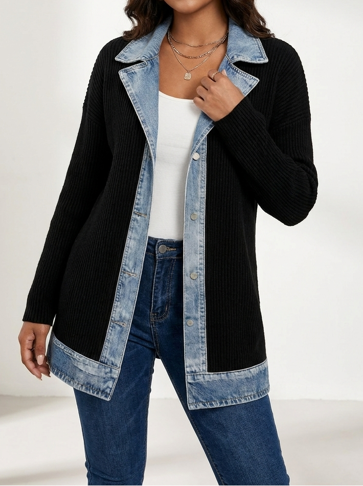 Women's Longline Knit Blazer with Denim-Look Lapels and Metal Buttons