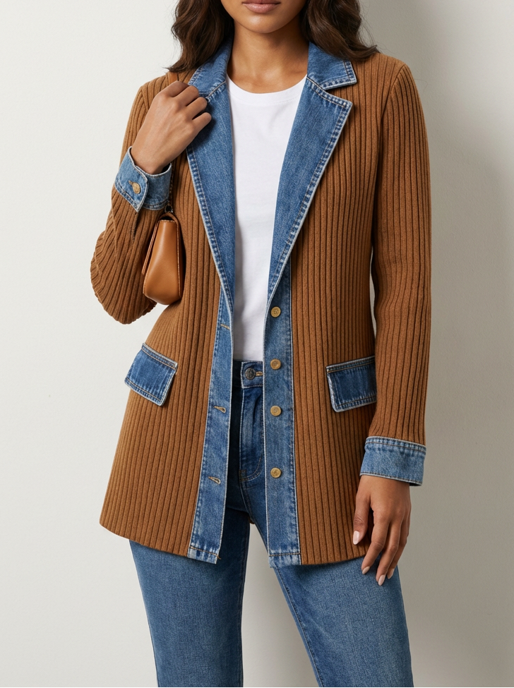 Women's Longline Knit Blazer with Denim-Look Lapels and Metal Buttons