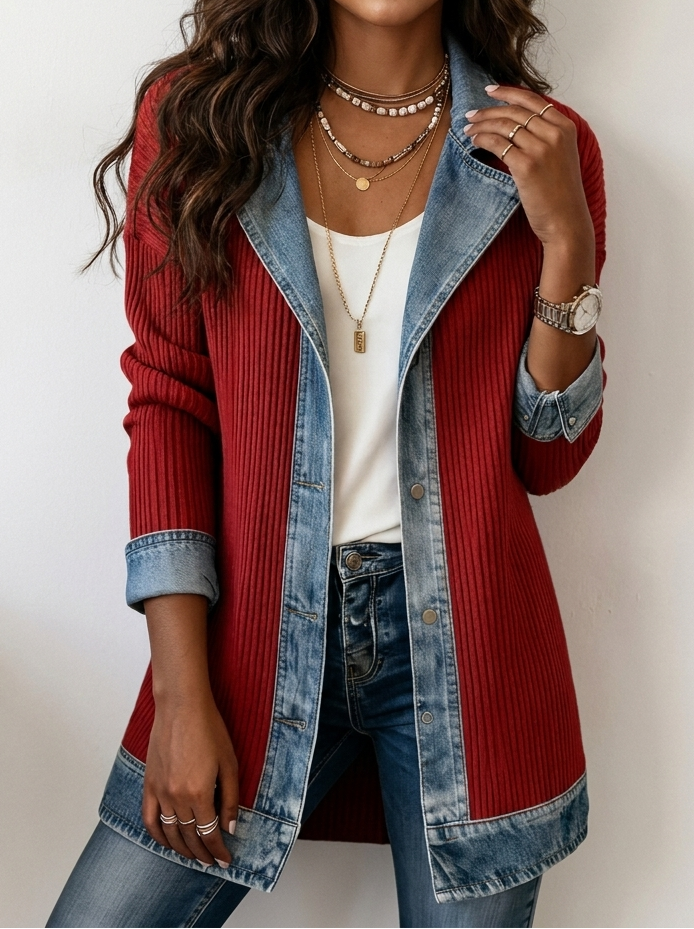 Women's Longline Knit Blazer with Denim-Look Lapels and Metal Buttons
