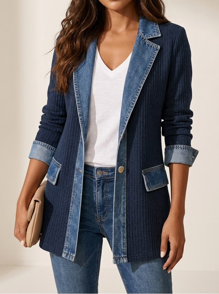 Women's Longline Knit Blazer with Denim-Look Lapels and Metal Buttons
