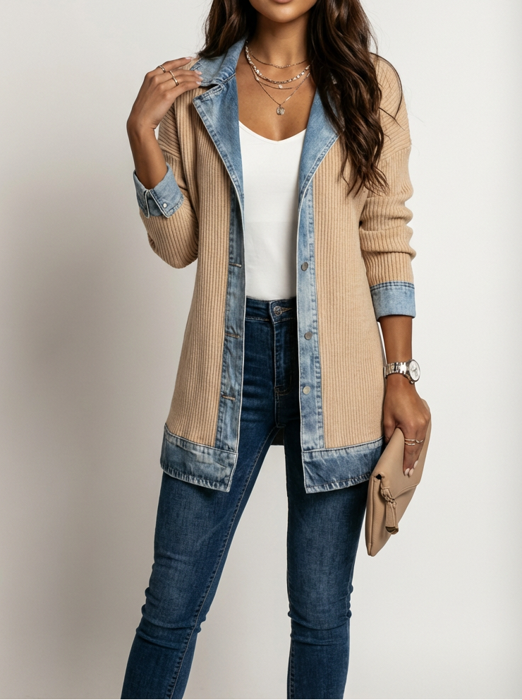 Women's Longline Knit Blazer with Denim-Look Lapels and Metal Buttons