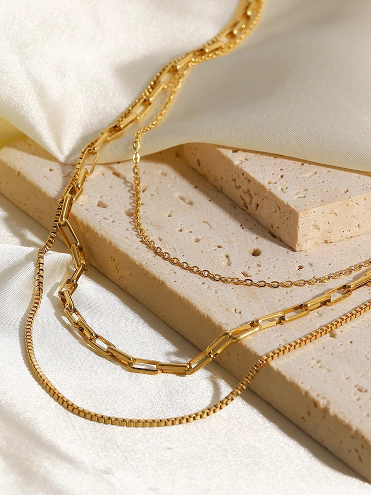 Gold Triple Layer Necklace – 3-Strand Layered Chain Necklace