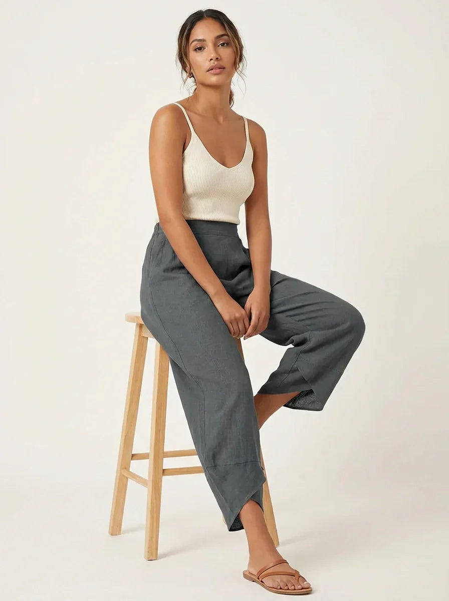 Khaki Barrel Leg Trousers – Women's Relaxed Cropped Linen-Blend Trousers