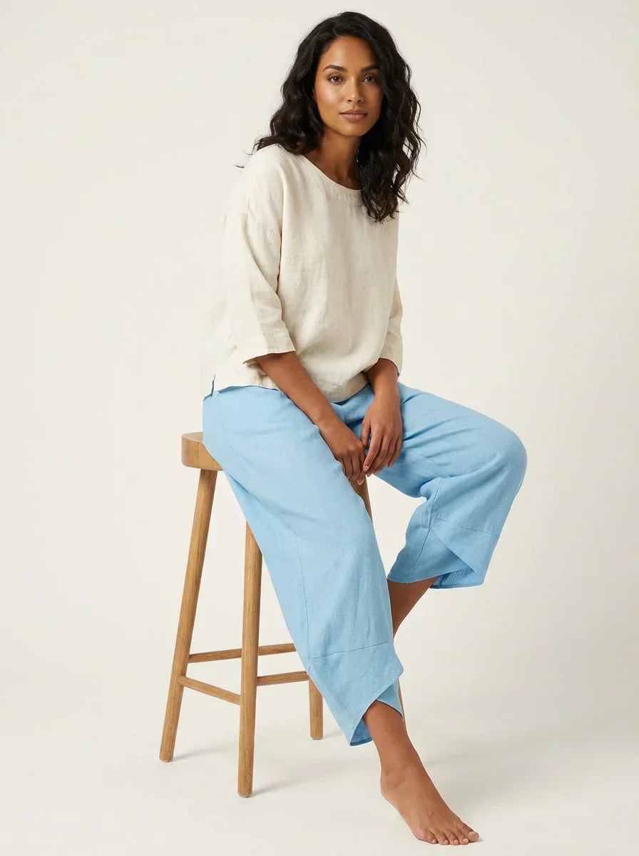 Khaki Barrel Leg Trousers – Women's Relaxed Cropped Linen-Blend Trousers