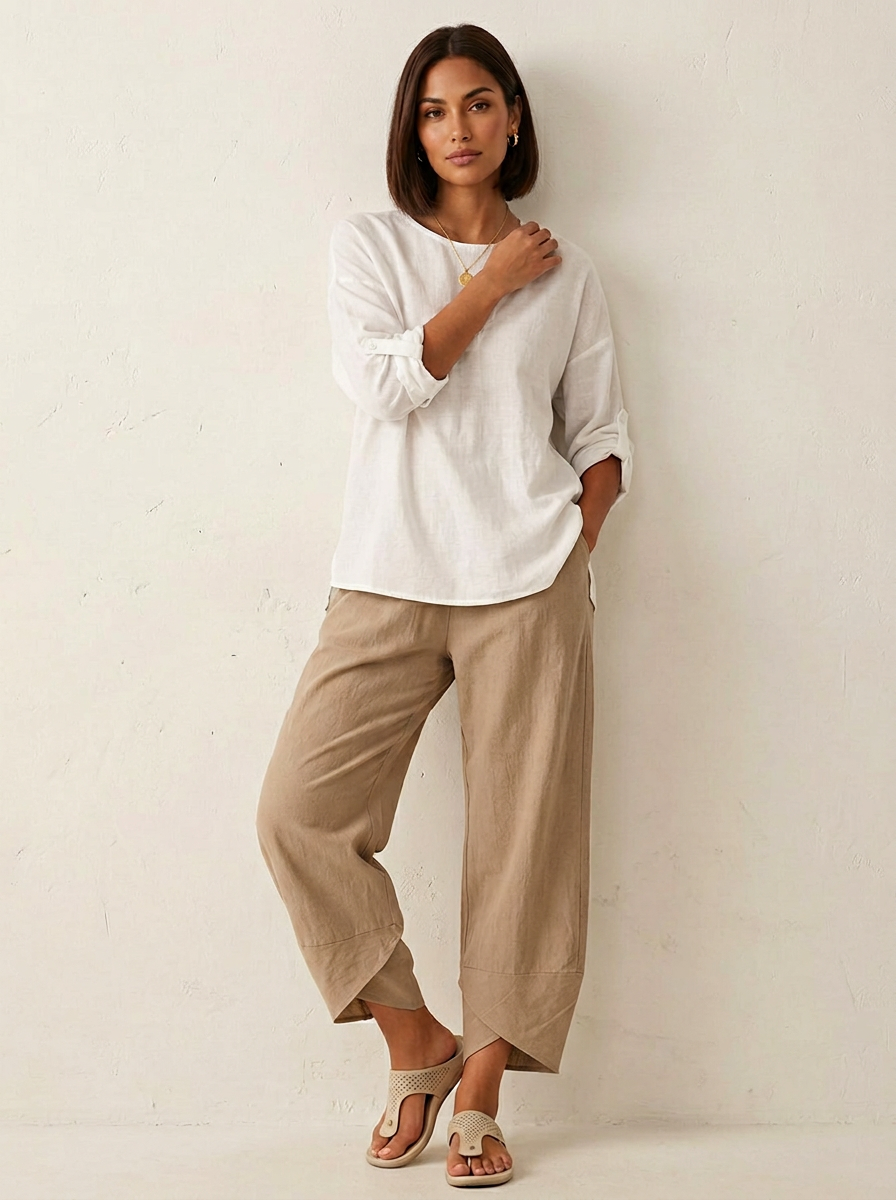 Khaki Barrel Leg Trousers – Women's Relaxed Cropped Linen-Blend Trousers