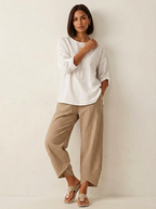 Khaki Barrel Leg Trousers – Women's Relaxed Cropped Linen-Blend Trousers